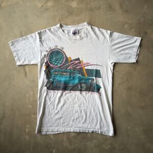 VINTAGE SMOOTH MOVES 50S AMERICANA CAR SHIRT MENS MEDIUM WHITE